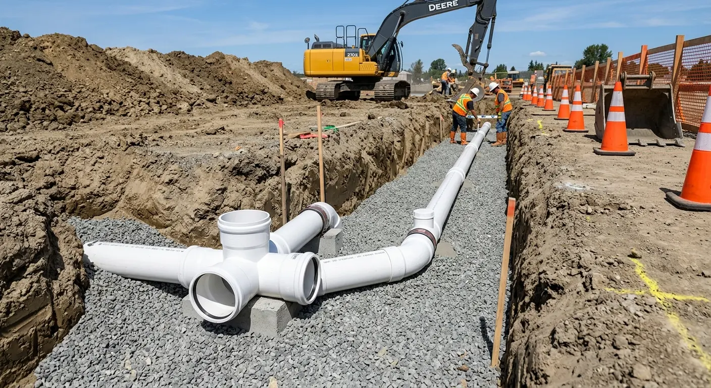 New PVC sewer pipe installation in open trench for Commercial Drain Cleaning in Lindenwold