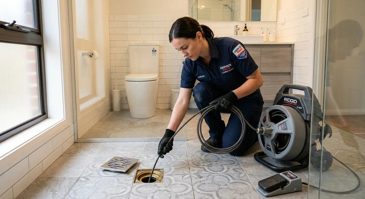 Technician clearing a bathroom floor drain for Sewer Line Replacement in Lindenwold